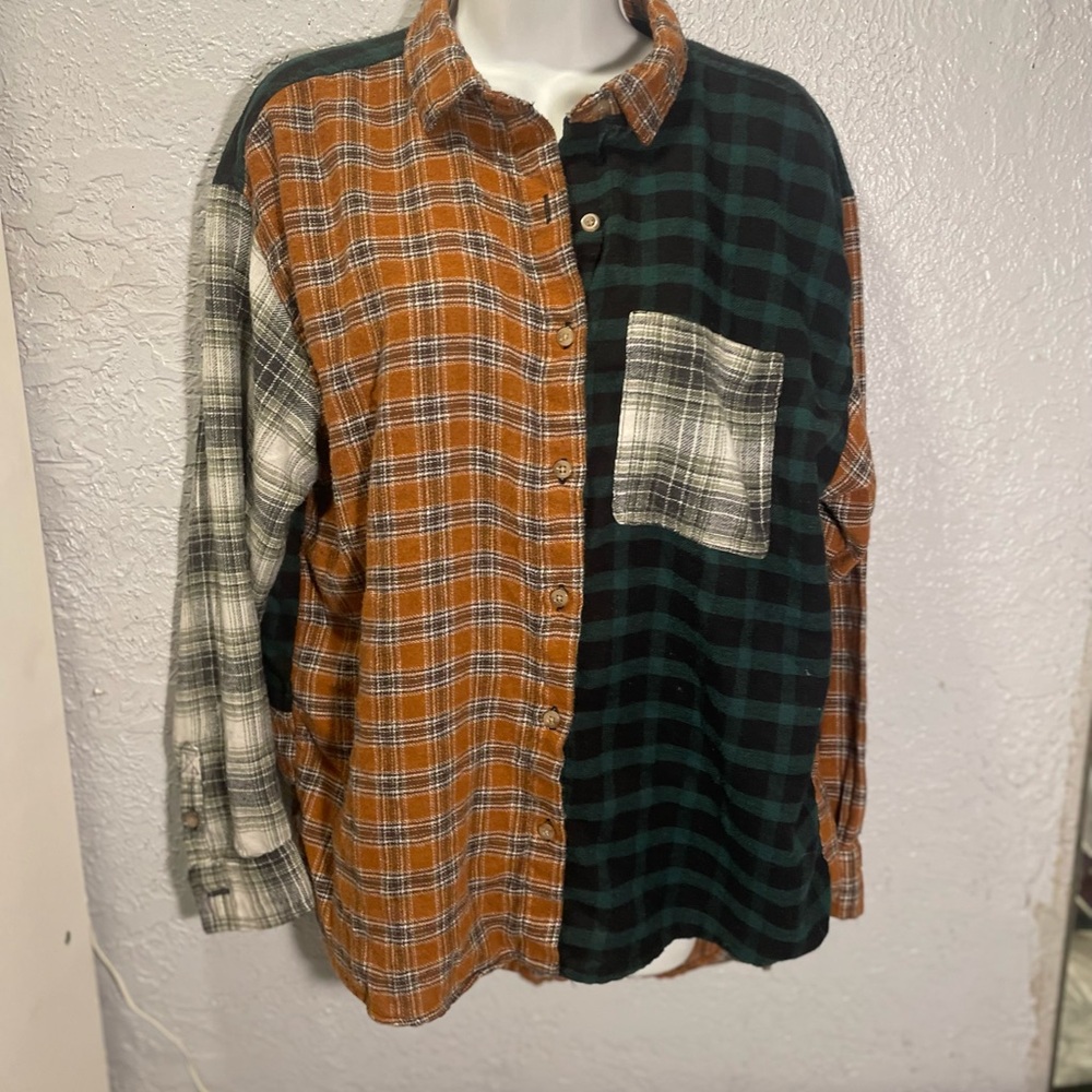 Woman’s Patchwork Plaid Button-Down Shirt - Orang… - image 1